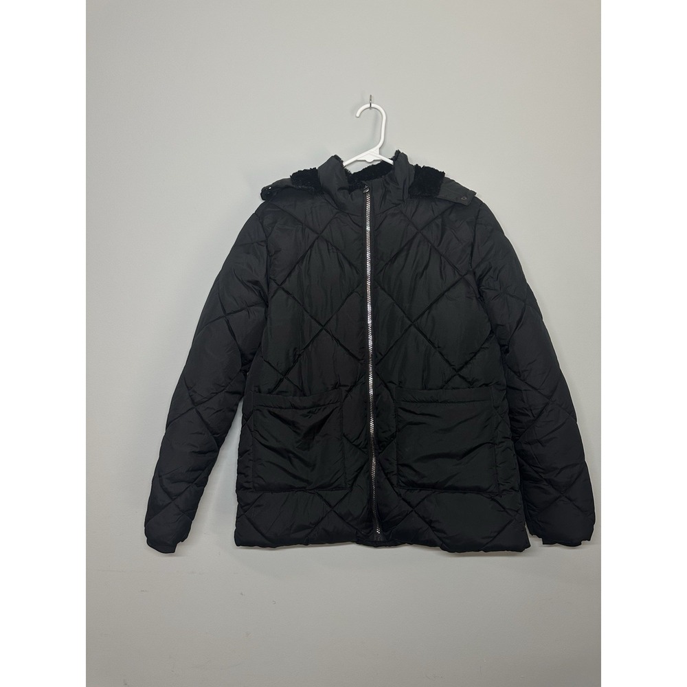Members Only Women's Medium Puffer Jacket Full Zip Hooded Black